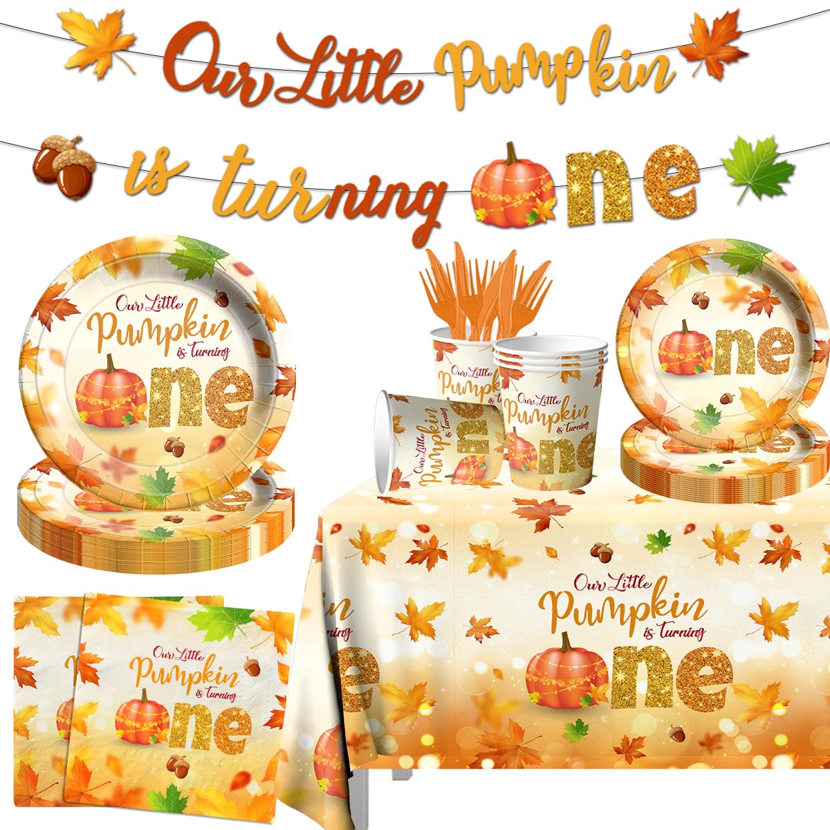 Dydamud Our Little Pumpkin is Turning One Decorations,143Pcs Little Pumpkin 1st Birthday Tableware Maple Leaf Fall Baby Shower Plates and Napkins for Thanksgiving Pumpkin First birthday Supplies