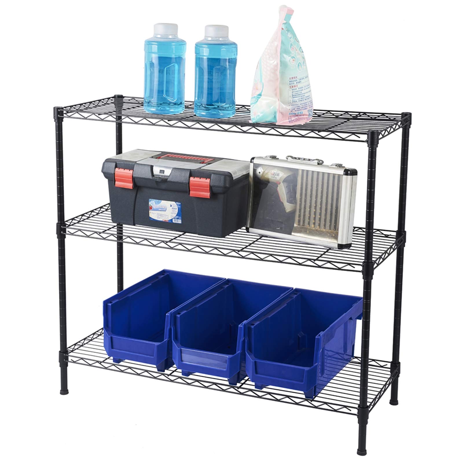 Volowoo 3/4/5-Shelf Adjustable, Heavy Duty Storage Shelving Unit (350 lbs Loading Capacity per Shelf), Steel Organizer Wire Rack for Restaurant, Pantry, Kitchen Garage (Black, 3-Tier)