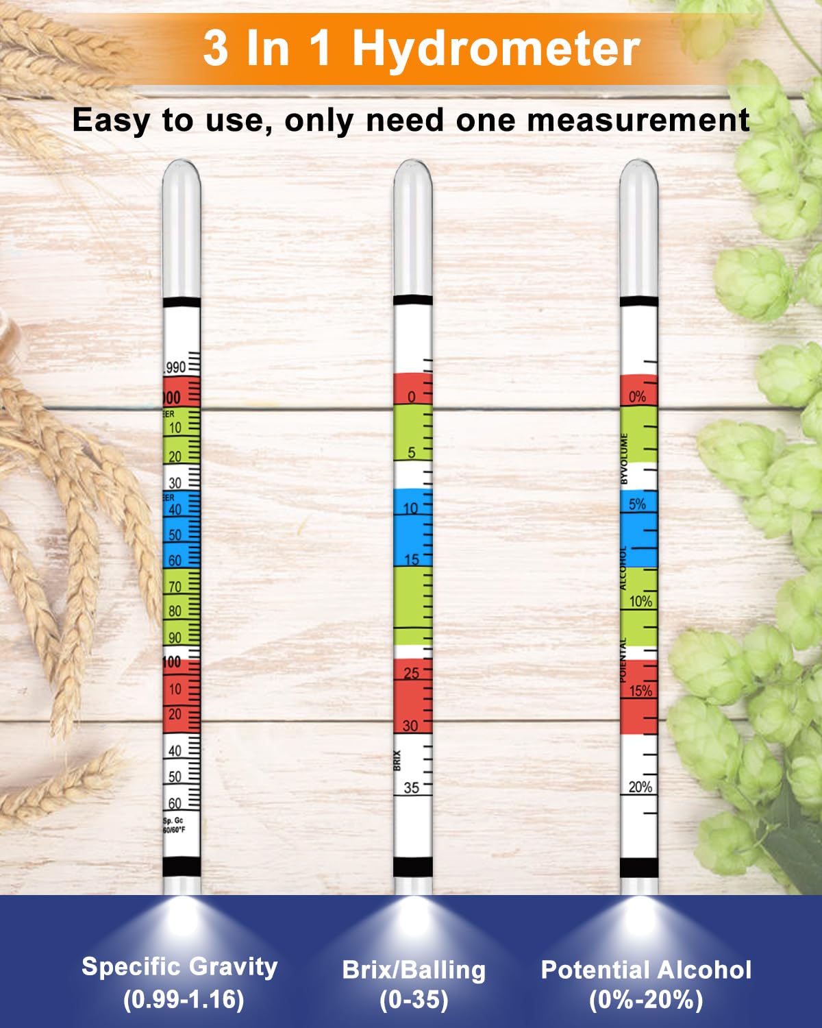 Kosoeur Triple Scale Hydrometer, Alcohol Hydrometer for Wine, Mead, Kombucha & Beer, Mead Making Kit, (ABV Tester, Brix, Specific Gravity Hydrometer), Hydrometer Alcohol Kit for Wine Brewing Supplies