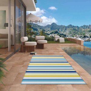 Blue Yellow Striped Outdoor Rug for Patio/Deck/Porch, Non-Slip Large Area Rug 4 x 6 Ft, Farmhouse Navy Blue Ombre Stripes Indoor Outdoor Rugs Washable Area Rugs, Reversible Camping Rug Carpet Runner