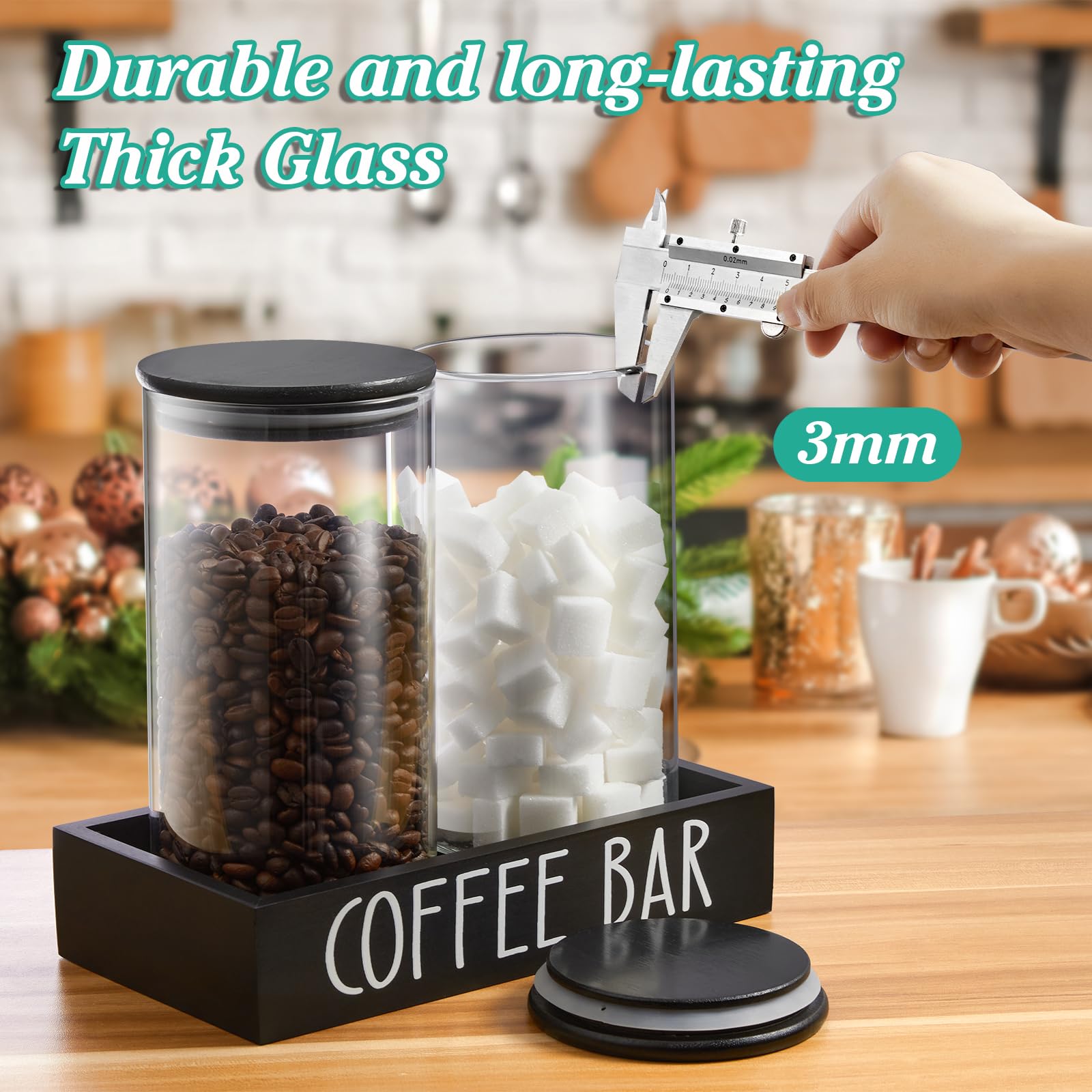 Glass Coffee Canister for Ground Coffee - 2Pcs 45oz Coffee and Sugar Container Set with Airtight Bamboo Lids and Black Tray - Farmhouse Coffee Bean Storage Jars for Coffee Bar Decor and Accessories