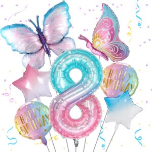 butterfly balloons 8th birthday decorations for girls, gradient pink colorful butterfly foil balloons, giant number 8 foil mylar balloon, 8 years old butterfly theme birthday party supplies decor