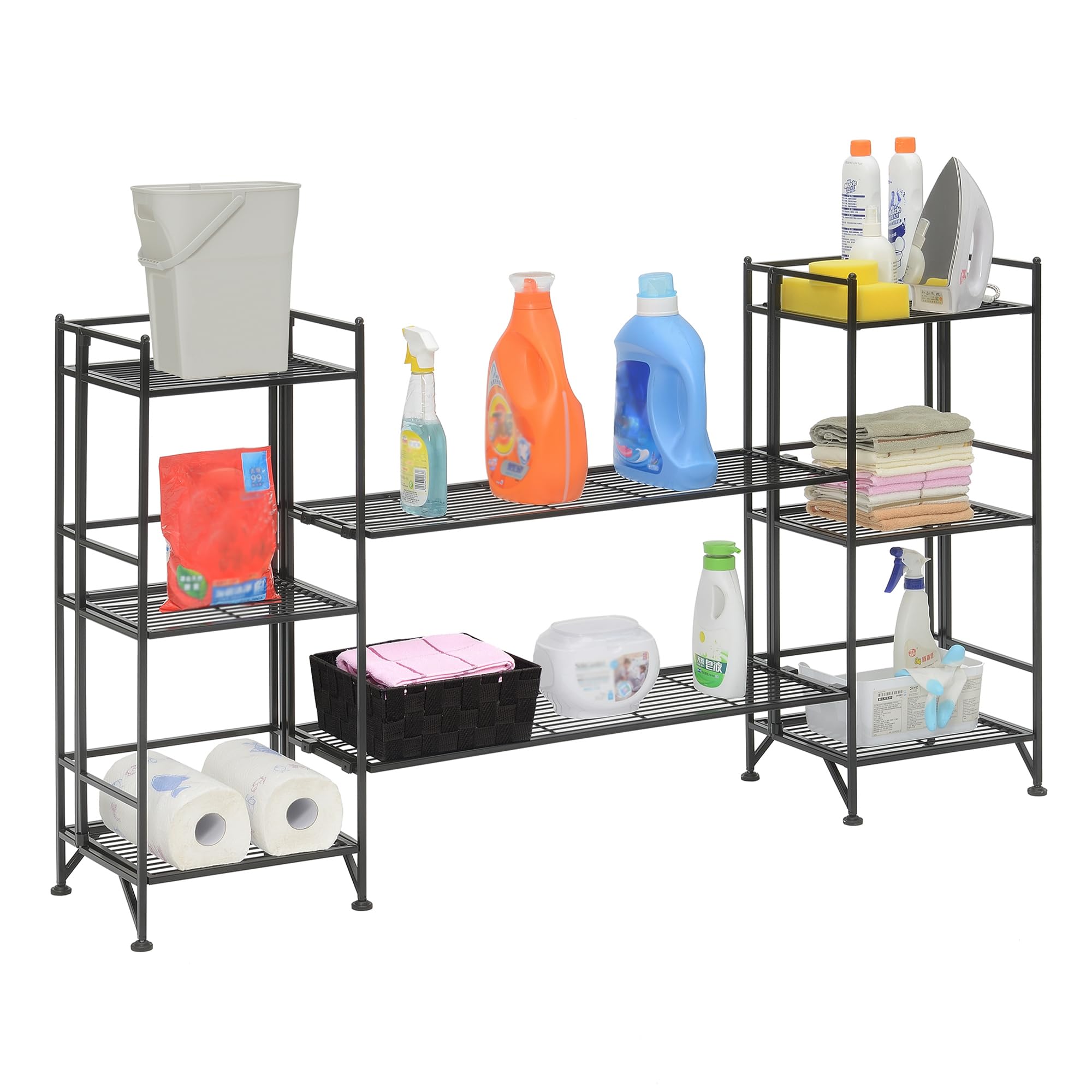 Convenience Concepts Xtra Storage 3 Tier Folding Metal Shelves with Set of 2 Deluxe Extension Shelves - Organizer for Living Room, Office, Bedroom, Garage, Kitchen, Bathroom, Black