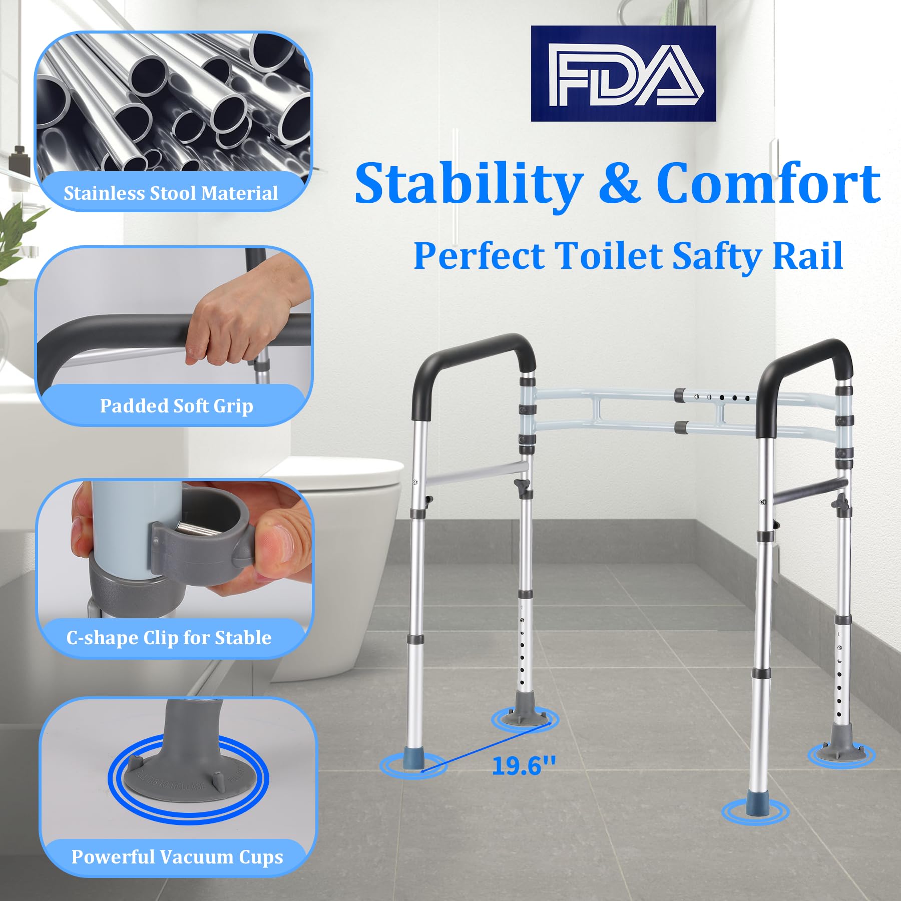 FSA/HSA Eligible Toilet Safety Rail - Adjustable Detachable Medical Toilet Safety Frame for Elderly, Heavy Duty Toilet Handles for Elderly and Handicap Toilet Safety Rails, Toilet Bars Fits Most Toile