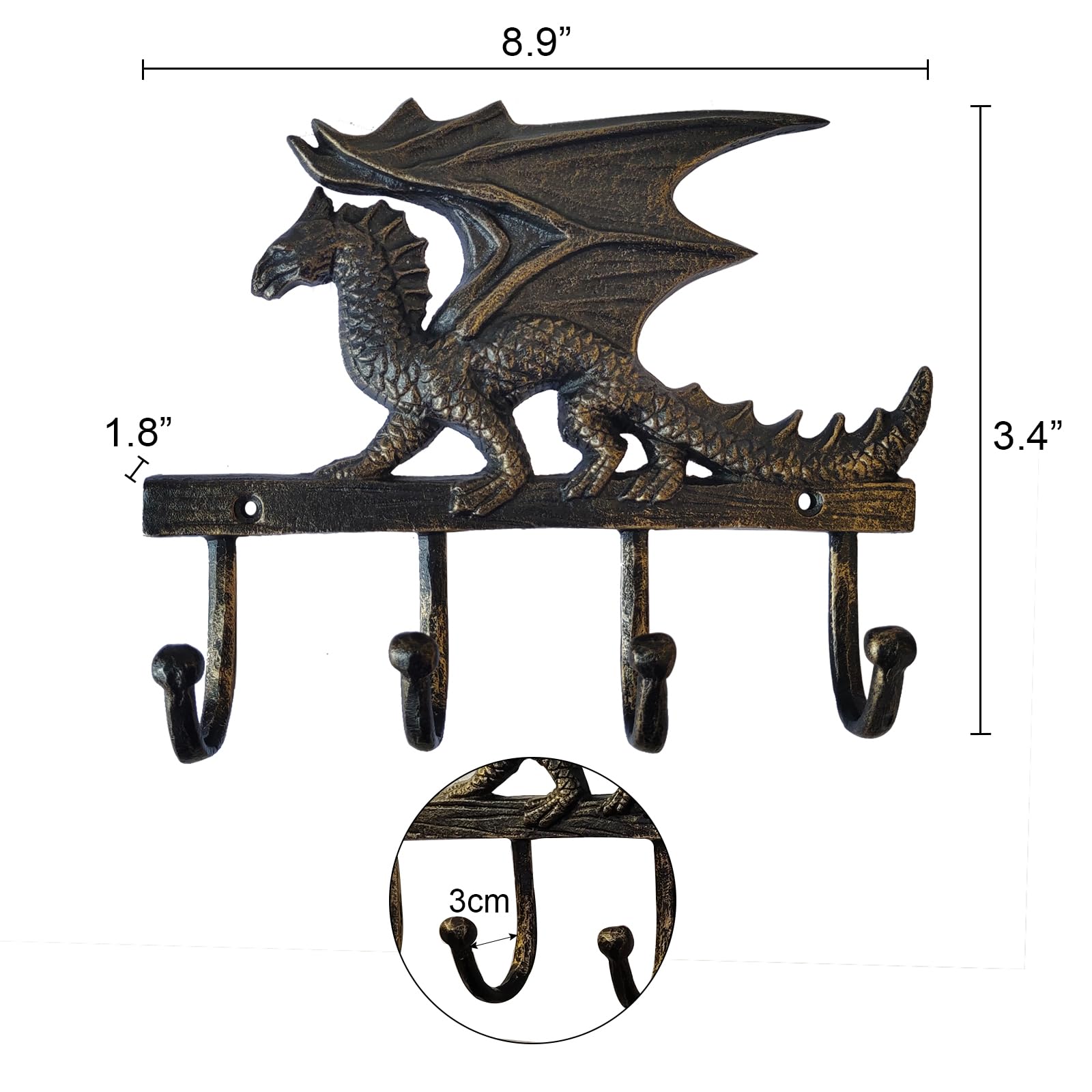 CatchDragon Cast Iron Coat Racks Wall Mounted-3/4 Hooks, Dragon Decorative Wall Hooks for Hanging Coats Towels Hats Keys (dragon-3-anti Gold)