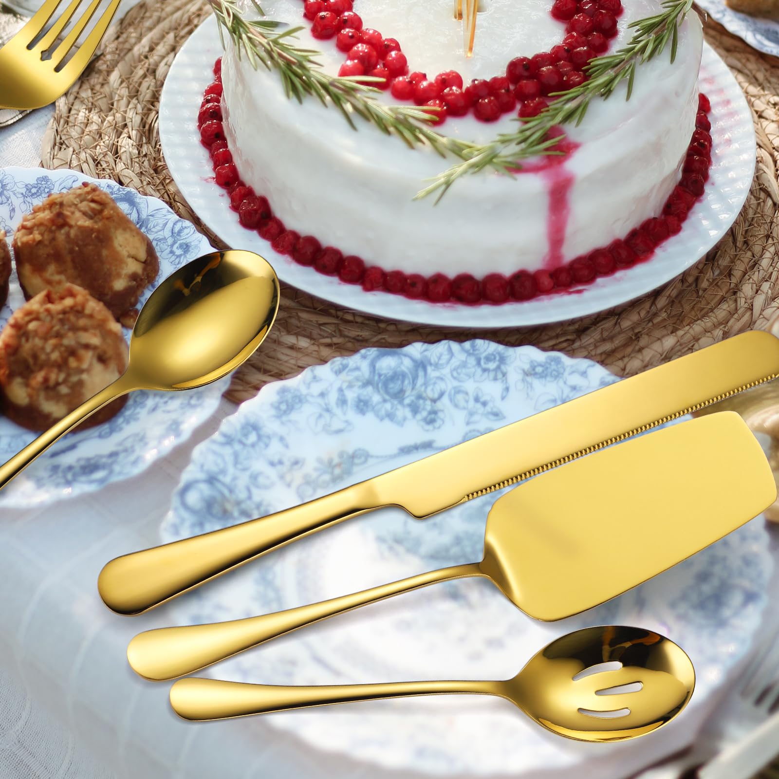 A · HOUSEWARE Gold Serving Utensils Set Stainless Steel Large Silverware 7 Piece Include Big Spoon Fork Cake Server Knife Pizza Spatula Pefect for Buffet Catering Flatware