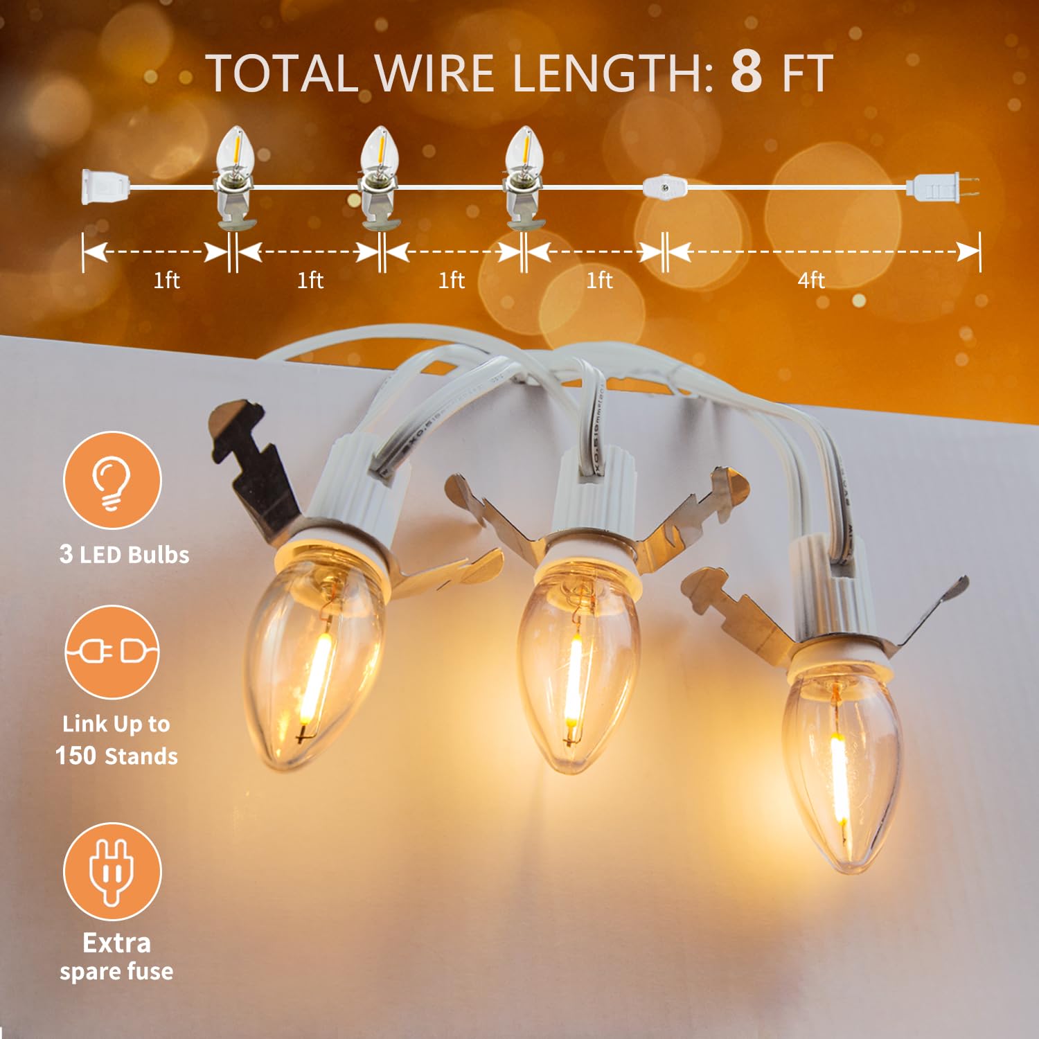 Erxiugs Chainable Accessory Cord with Three (3) c7/e12 Candelabra LED Light Bulbs, 8ft Blow Mold Light Cord with Male and Female Plugs for Village Accessories Houses Ceramics Tree Art and Craft.