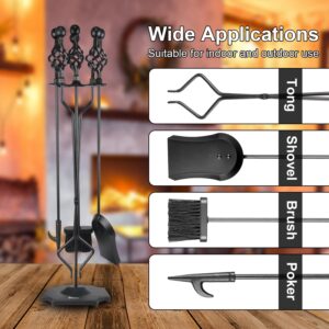 VODA Fireplace Tools Set, 5-Piece Cast Iron 33" Fire Place Set Tools Indoor Fireside Accessories Large Fire Place Tool Set Outdoor Holder Fire Kit with Poker Shovel Tongs Brush, Stand