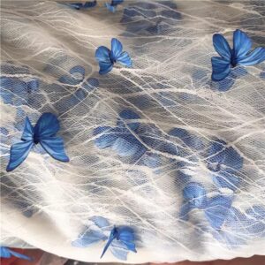 2Yards White mesh Blue Fantasy Butterfly Embroidery Lace White Mesh Fabric DIY Beautiful Creative Skirt Dress Decoration Fabric(White)