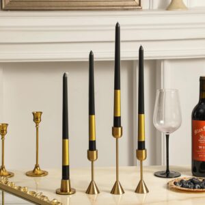 black taper candles 12'' tall with gold candle sticks set of 4 | unscented | home decor kitchen decor wedding decorations (gold)