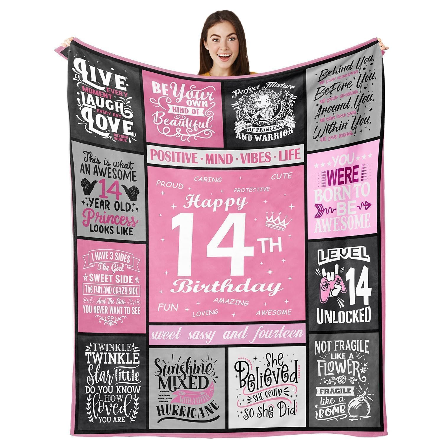 lemzcen 14 Year Old Girl Gifts, 14th Birthday Gifts for Girls, Birthday Gifts for 14 Year Old Girls, 14 Birthday Decorations for Girls, 14 Year Old Girl Birthday Throw Blanket 60”x50”