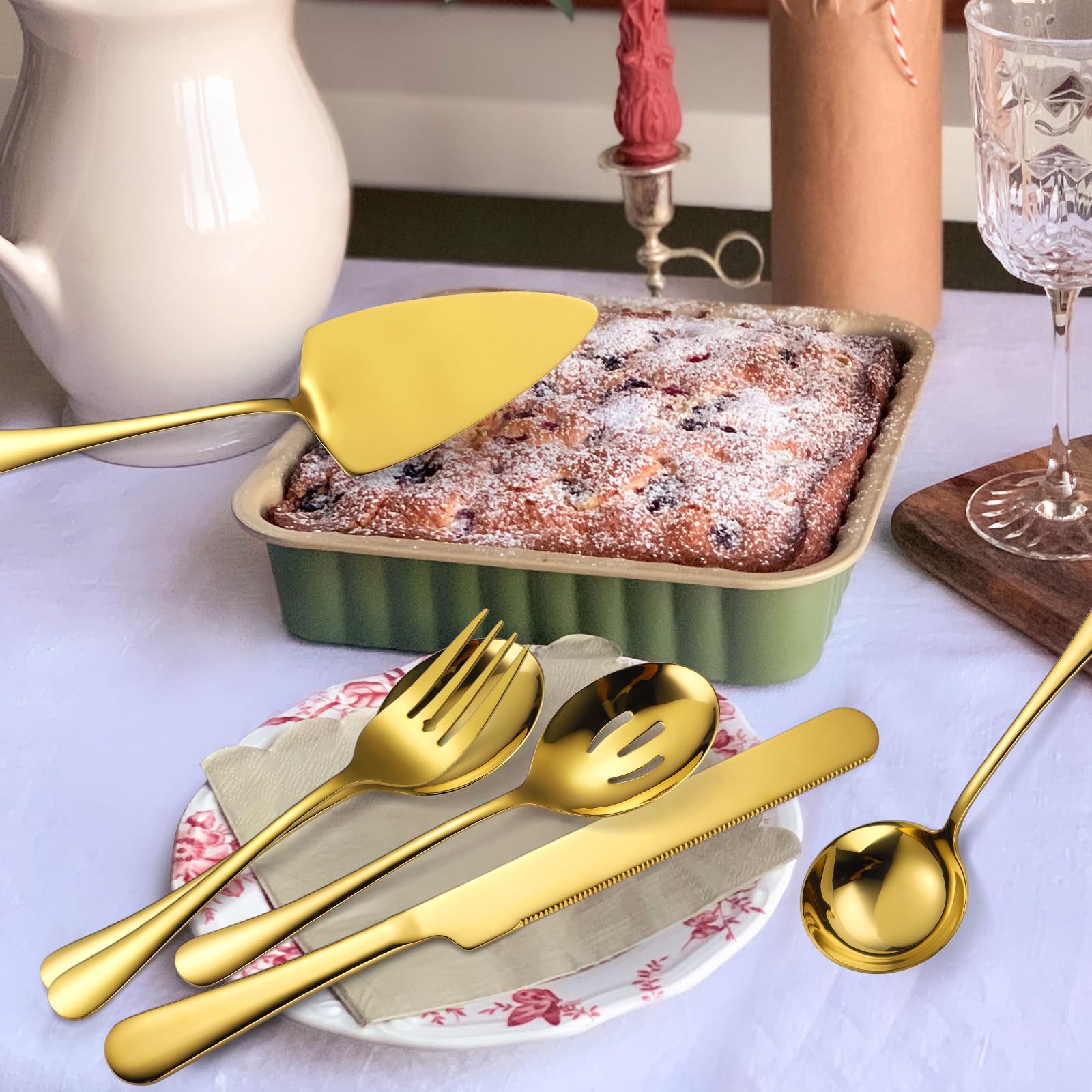 A · HOUSEWARE Gold Serving Utensils Set Stainless Steel Large Silverware 7 Piece Include Big Spoon Fork Cake Server Knife Pizza Spatula Pefect for Buffet Catering Flatware