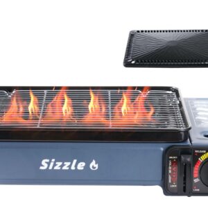 Sizzle Goods Portable Butane Gas Grill with Iwatani Style Stainless Steel Cooking Grate and Nonstick Griddle, Indoor Tabletop Stove, Camping, Korean BBQ, Japanese Yakitori, Yakiniku, Asador Fugitivo