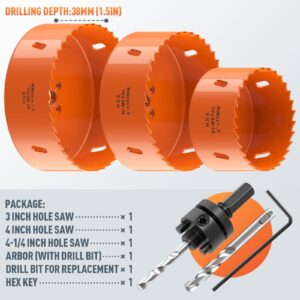 XDOVET Bi-Metal Hole Saw Kit 3 PC General Purpose 3" to 4-1/4" Set Used for Precise Drilling On Metal Wood Plastic and Doors Durable High-Speed Steel