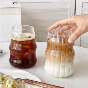 2 Pcs Ribbed Glass Cups, 18 Oz Vintage Drinking Glassware with Wave Shape Design, Bubble Cups for Iced Coffee, Juice, Beverage, Milk, Cocktails, Bubble Tea, and More