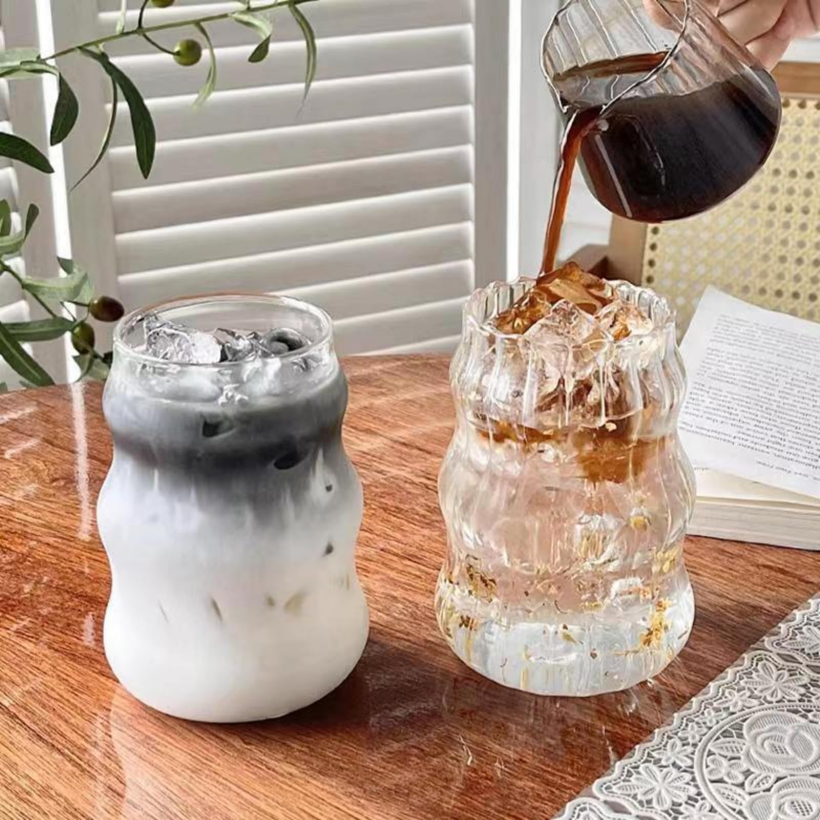 2 Pcs Ribbed Glass Cups, 18 Oz Vintage Drinking Glassware with Wave Shape Design, Bubble Cups for Iced Coffee, Juice, Beverage, Milk, Cocktails, Bubble Tea, and More