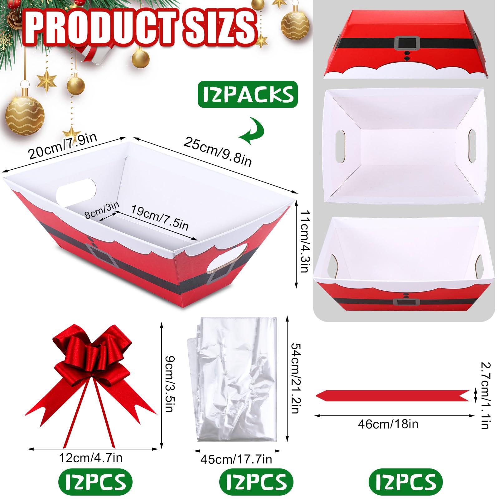 Yeaqee 36 Pcs 12 Pack 8 x 10 inch Christmas Baskets for Gifts Empty Santa Belt Cardboard Baskets Bags Kit Red Pull Bows Wine Basket for Xmas