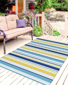 blue yellow striped outdoor rug for patio/deck/porch, non-slip large area rug 4 x 6 ft, farmhouse navy blue ombre stripes indoor outdoor rugs washable area rugs, reversible camping rug carpet runner