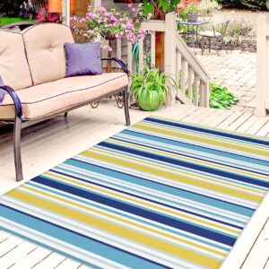 Blue Yellow Striped Outdoor Rug for Patio/Deck/Porch, Non-Slip Large Area Rug 4 x 6 Ft, Farmhouse Navy Blue Ombre Stripes Indoor Outdoor Rugs Washable Area Rugs, Reversible Camping Rug Carpet Runner