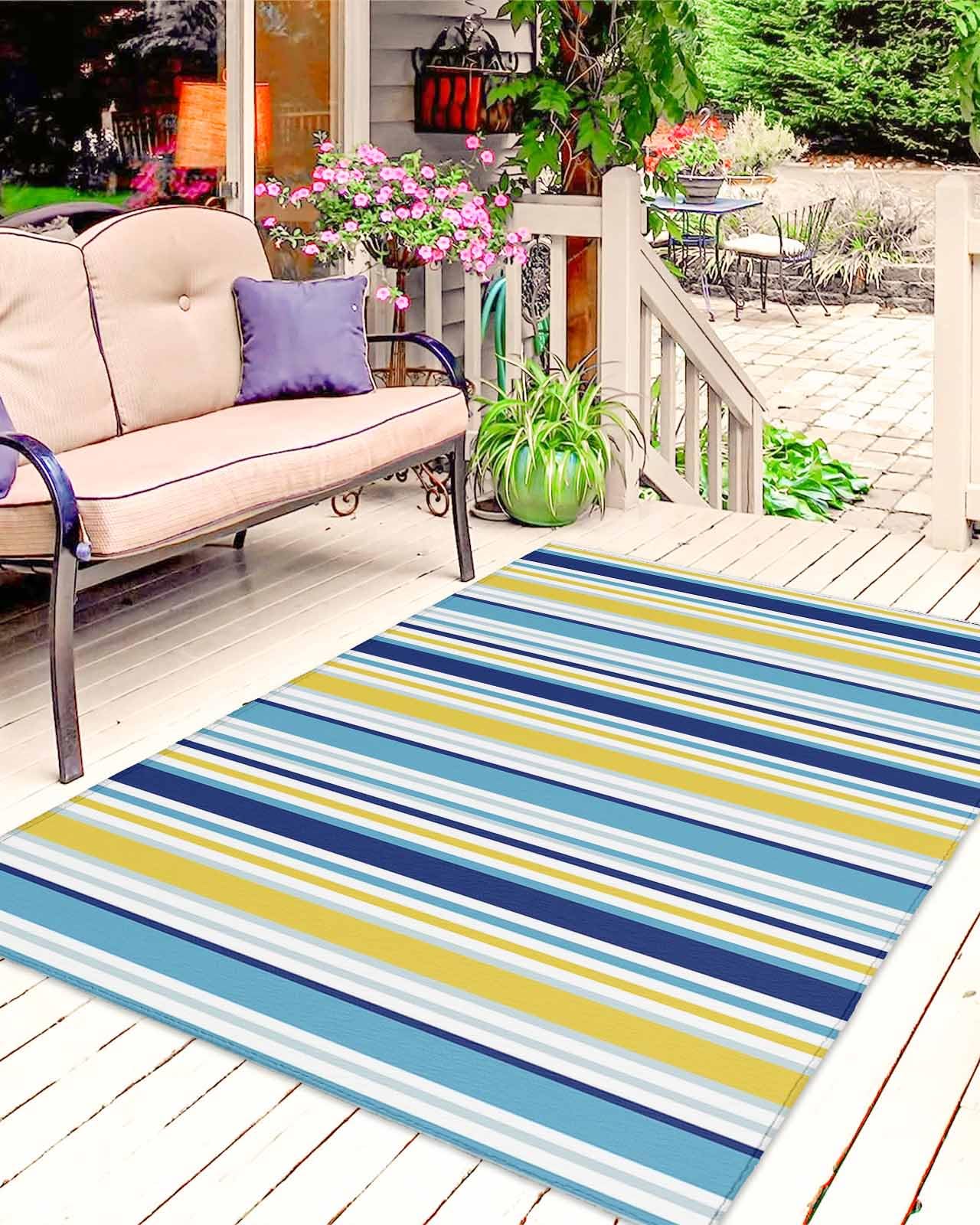 Blue Yellow Striped Outdoor Rug for Patio/Deck/Porch, Non-Slip Large Area Rug 4 x 6 Ft, Farmhouse Navy Blue Ombre Stripes Indoor Outdoor Rugs Washable Area Rugs, Reversible Camping Rug Carpet Runner