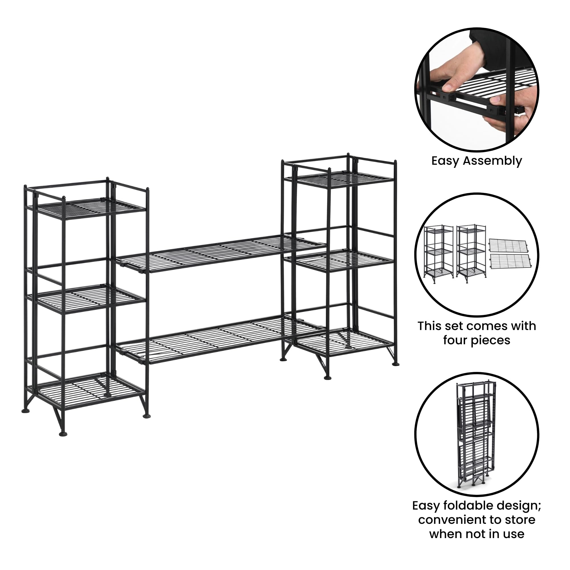 Convenience Concepts Xtra Storage 3 Tier Folding Metal Shelves with Set of 2 Deluxe Extension Shelves - Organizer for Living Room, Office, Bedroom, Garage, Kitchen, Bathroom, Black