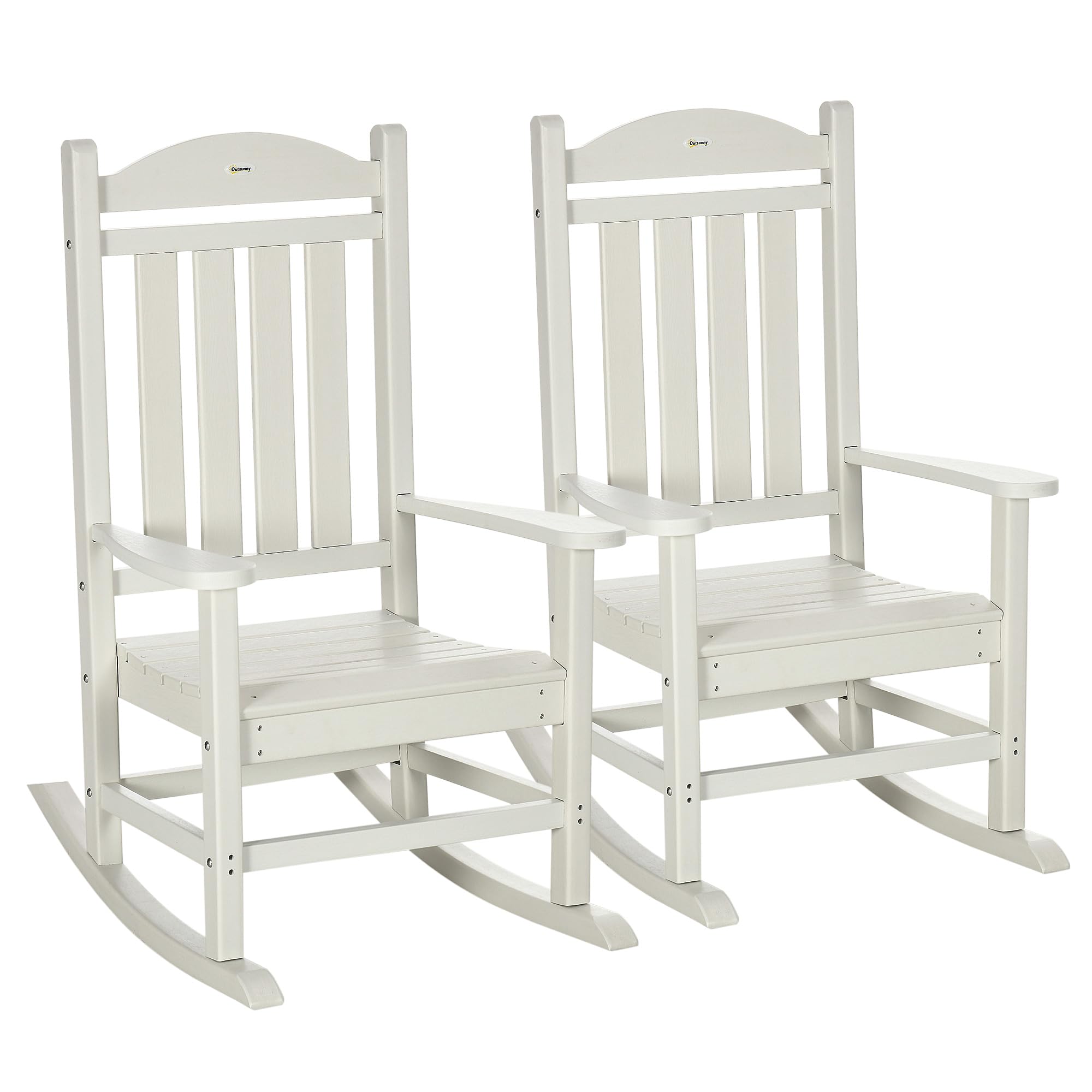 Outsunny 2 Piece Outdoor Rocking Chair Set, HDPE Rocking Patio Chairs with Rustic High Back, Armrests, Oversized Seat and Slatted Backrest, 350lbs Weight Capacity, White