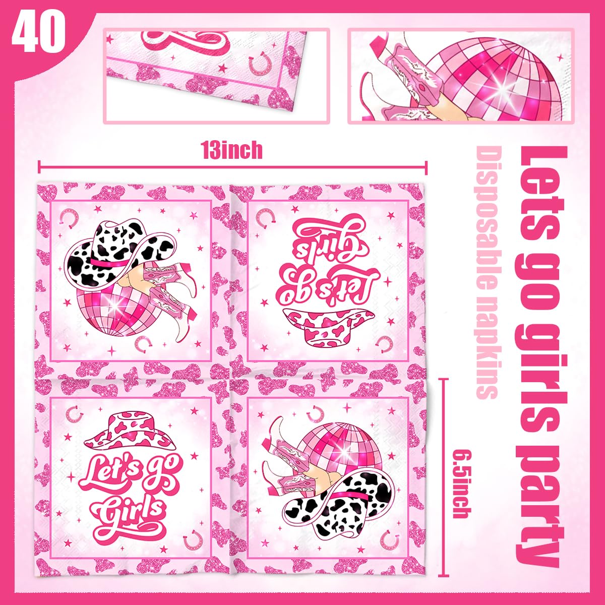 40Pcs Lets Go Girls Napkins-Cowgirl Bachelorette Party Decorations Hot Pink Paper Napkins Disco Lets Go Girls Themed Western Cowgirl Bridal Shower Party Supplies