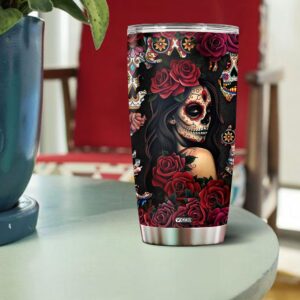 WONWIX Sugar Skull Gifts for Women Insulated 20oz Stainless Steel Coffee Cup Travel Mug Water Bottle Tumbler With Lid Thermos Tattoo Girls Wife Daughter Mom