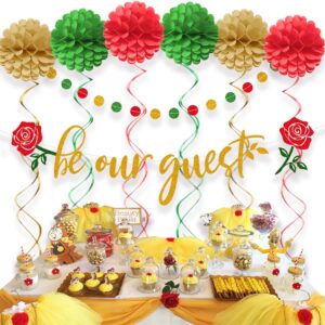 Aonor Beauty And The Beast Party Supplies - Be Our Guest Banner Sign, Pom Poms Flowers, Circle Dots Garland and Swirls for Bridal Shower, Engagement Party Decorations, Beauty And The Beast Decor