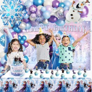 Frozen Birthday Party Supplies, Frozen Party Decorations Includes Snowflake Balloon Garland Arch Kit,Frozen Backdrop, Frozen Tablecloth, Elsa, Snowman and Snowflake Foil Balloon