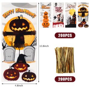 200 PCS Halloween Cellophane Treat Bags, Halloween Goodie Bags with Twist Ties, Halloween Candy Bags for Halloween Party Favors, Trick or Treat, Hallowen Gift Party Supplies