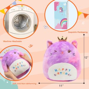 Easfan 12'' Rainbow Birthday Kitty Plush Pillow Soft Cat Plush Toy Cute Kitty Stuffed Animal Home Room Decoration Birthday Gifts for Kids Toddlers