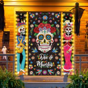 Tiamon 3 Pcs Day of The Dead Porch Sign with LED Lights, Mexican Dia De Los Muertos Party Door Decorations, Day of The Dead Sugar Skull Door Banner for Halloween Fiesta Party, 11.8 x 70.9 Inches