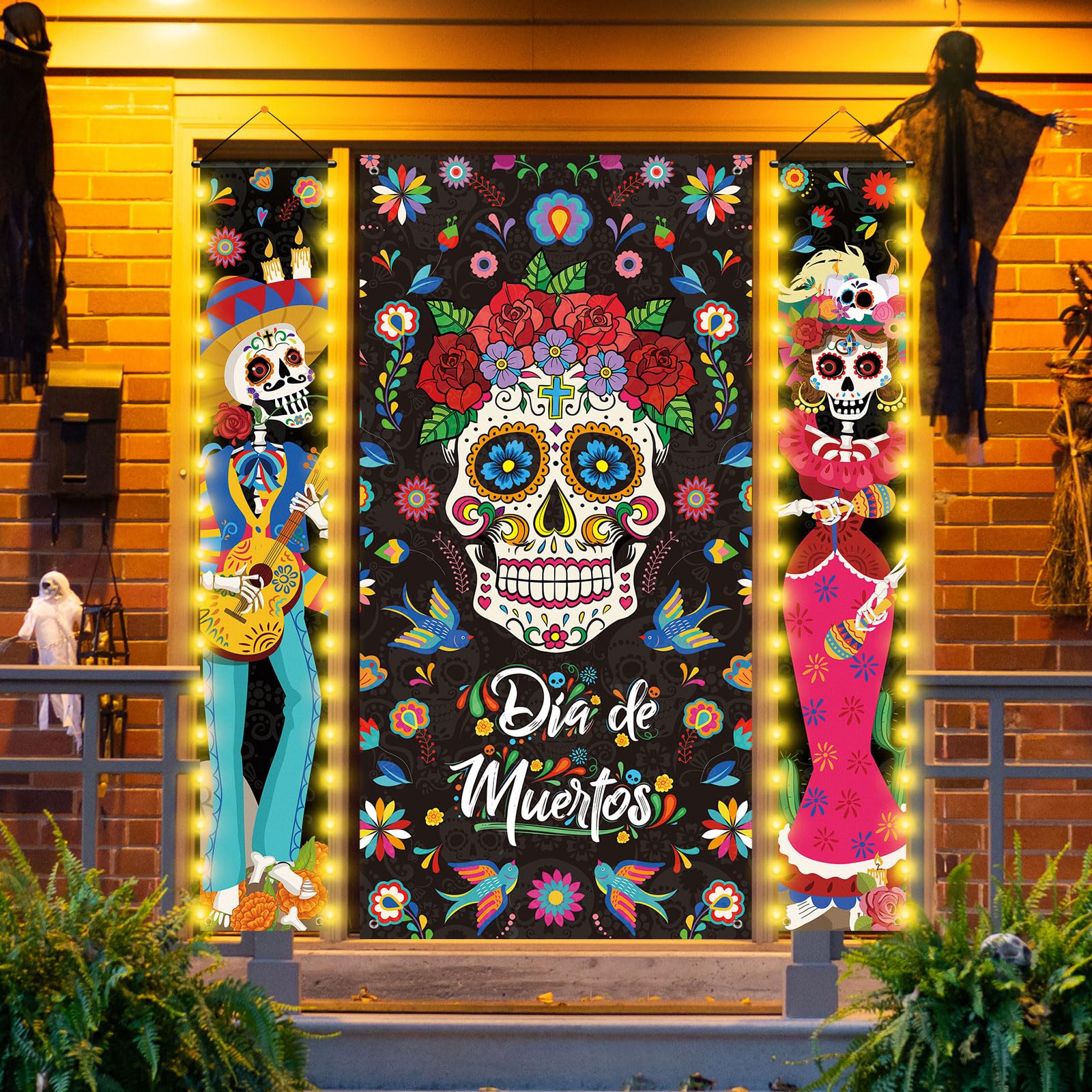 Tiamon 3 Pcs Day of The Dead Porch Sign with LED Lights, Mexican Dia De Los Muertos Party Door Decorations, Day of The Dead Sugar Skull Door Banner for Halloween Fiesta Party, 11.8 x 70.9 Inches