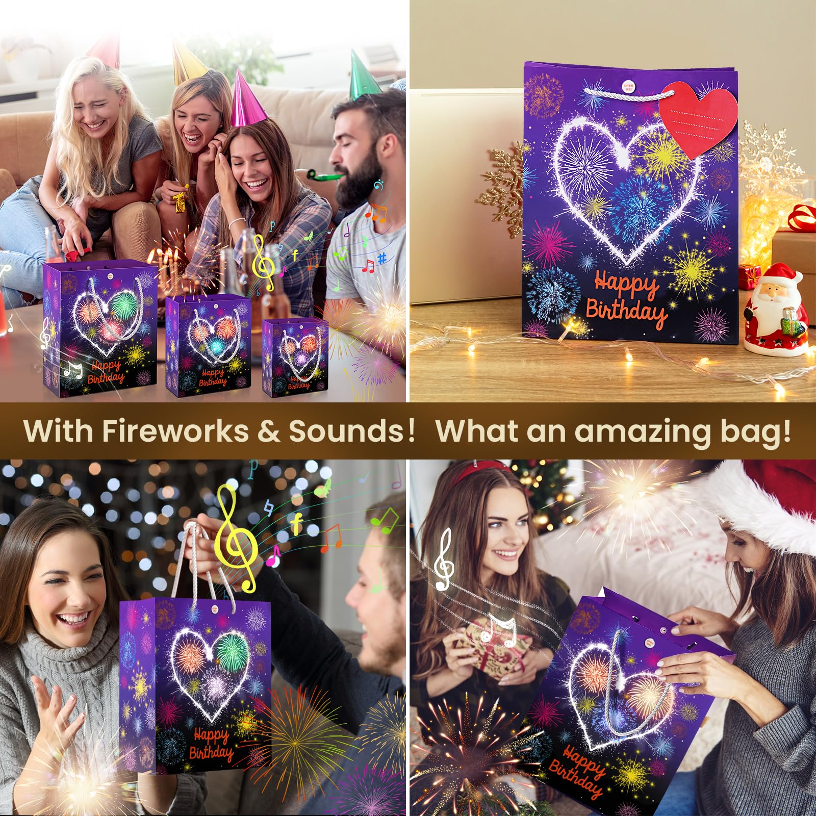 MAGICAL BAG Light & Sound Birthday Gift Bags with Fireworks & Cheering, Birthday Bags for Wife, Husband, Him, Her, Women, Men & More, Music Gift Bag Medium Size