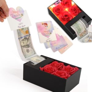 money box for cash gift pull, money gift boxes for cash on birthday, christmas, graduation, mother's day, for husband, wife, girlfriend, mother with soap rose flower and greeting cards (black+red)