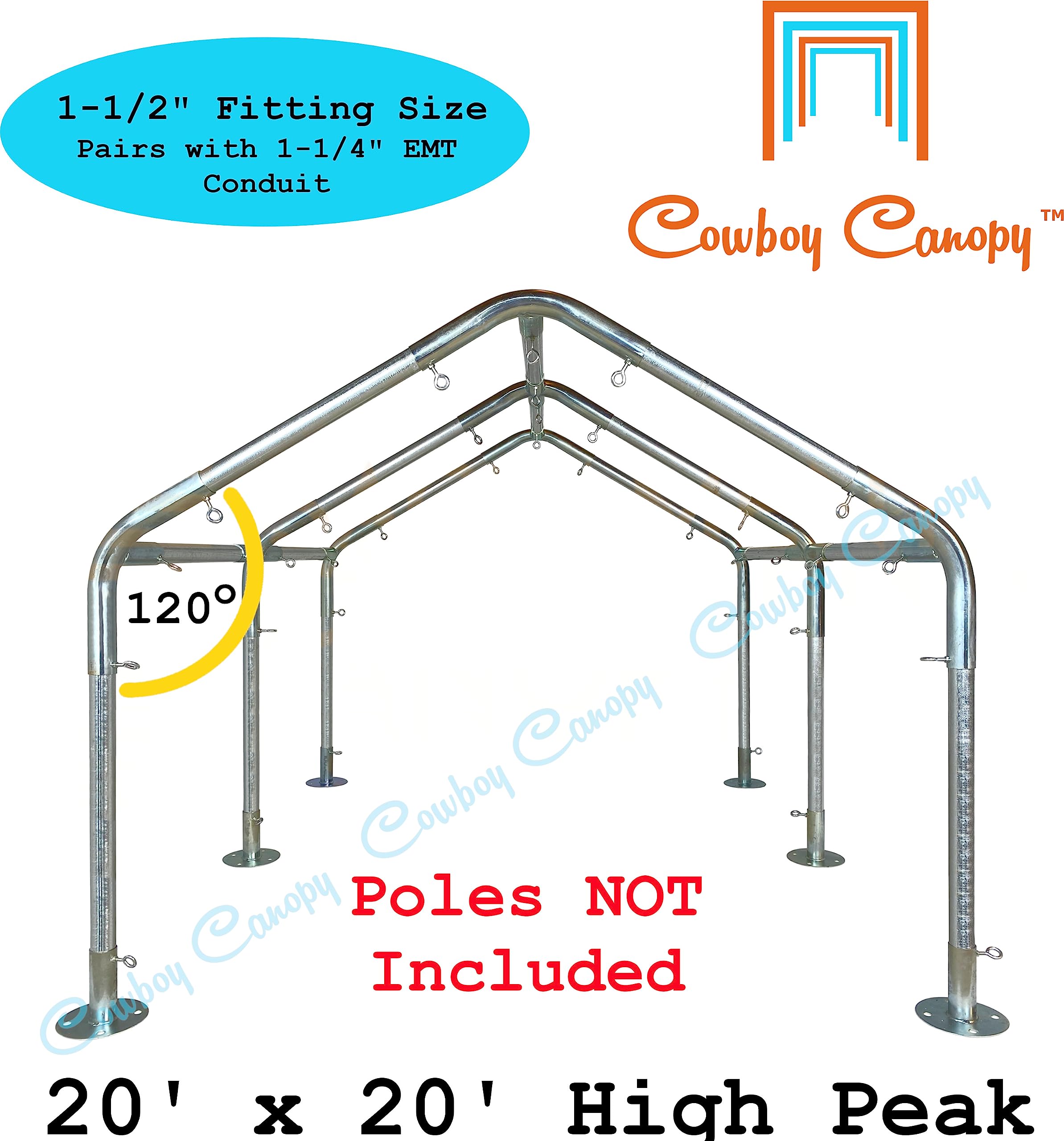 Carport Kit, 20' x 20' High Peak Canopy Fittings, DIY Metal Carport Frame Parts, 1-1/2" EMT Fittings