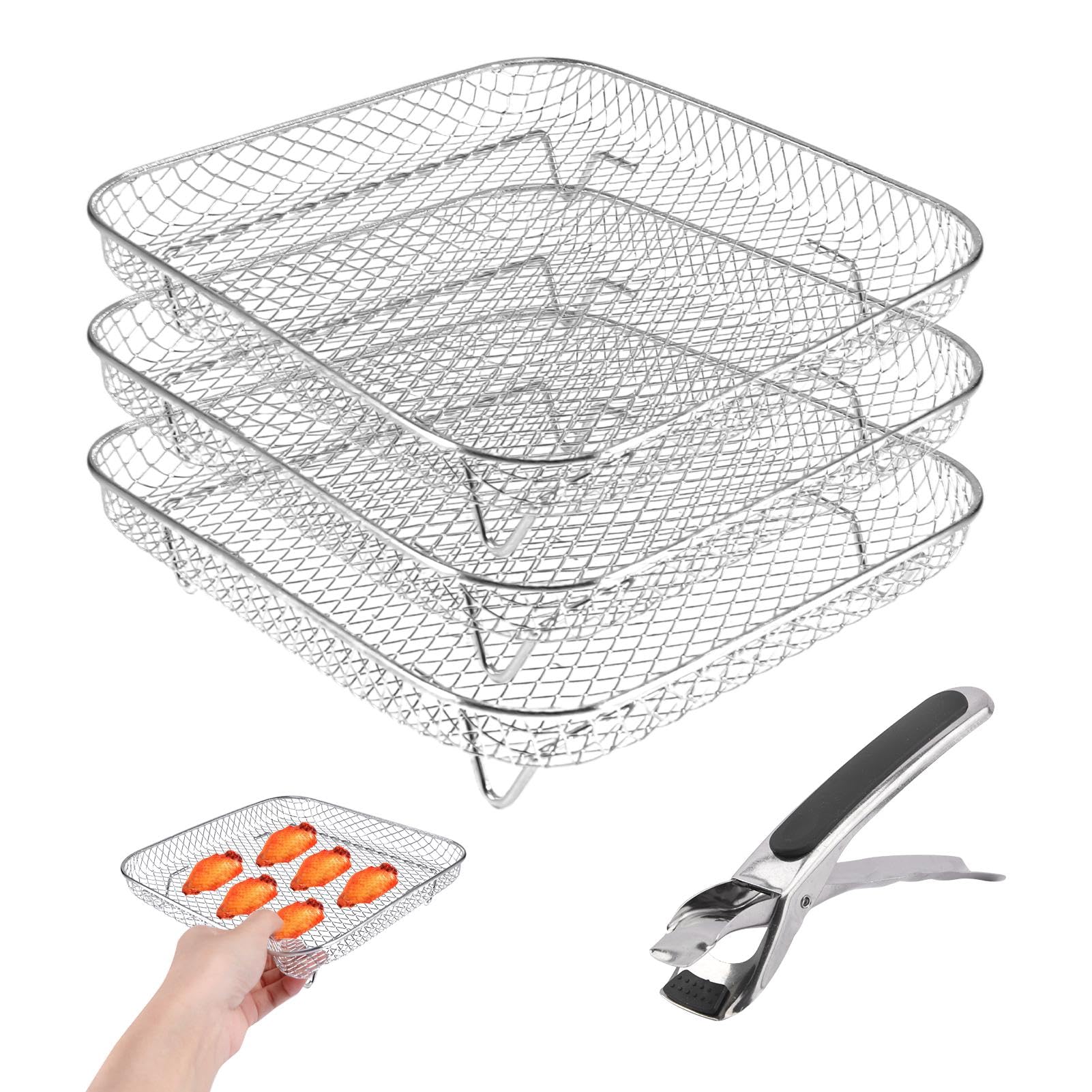 Square Air Fryer Rack,3 Layer Stainless Steel Stackable Dehydrato-r Rack with An-ti-scalding Clip,Stainless Steel Multi-Layer Dehydrato-r Rack Air fryer Accessories(Silver)