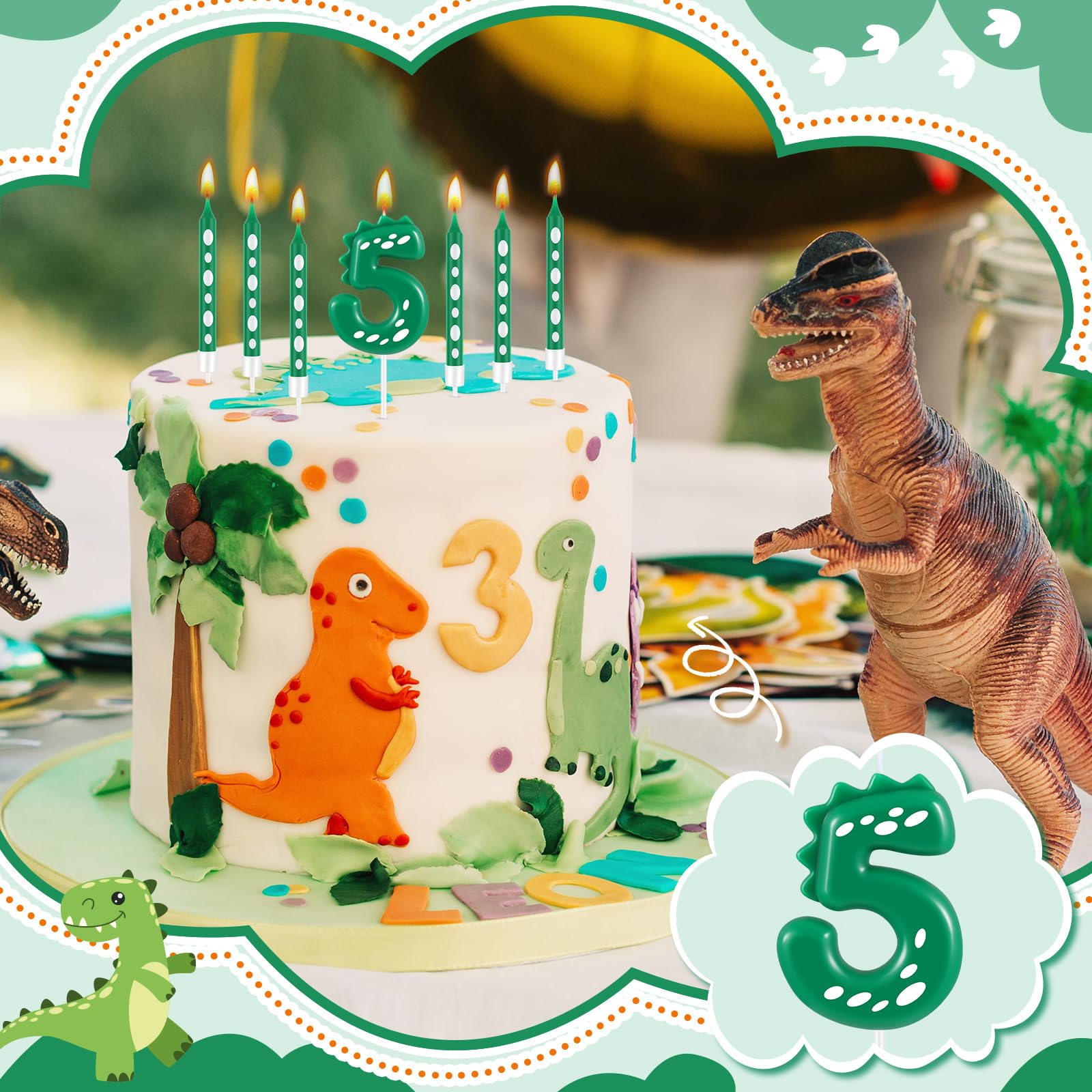 MTLEE Dinosaur Green Birthday Candles and 12 Pcs Green White Dinner Candles 2.36 x 1.8 Inch Numeral Dinosaur Candle 3.1 Inch Long Tall Candle for Birthday Dinosaur Theme Party Decorations (Number 5)