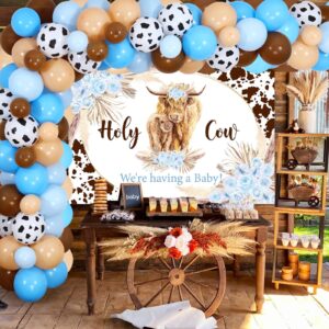 JOYMEMO Highland Cow Baby Shower Decorations for Boy - Blue Cow Balloon Garland Arch Kit with Holy Cow We are Having a Baby Backdrop, Boho Floral Highland Cattle Baby Shower Party Supplies