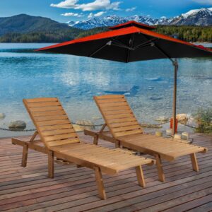 furndoor 2 pcs wood lounge chair set - patio chaise lounges with side tray and cup holder, outdoor recliner chair with adjustable backrest for backyard,garden,poolside