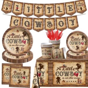 a little cowboy is on the way party decorations,western cowboy baby shower tableware include plate,napkins,cup vintage wood grain cowboy table decorations for cowboy baby shower party