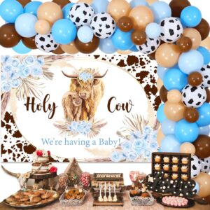 joymemo highland cow baby shower decorations for boy - blue cow balloon garland arch kit with holy cow we are having a baby backdrop, boho floral highland cattle baby shower party supplies