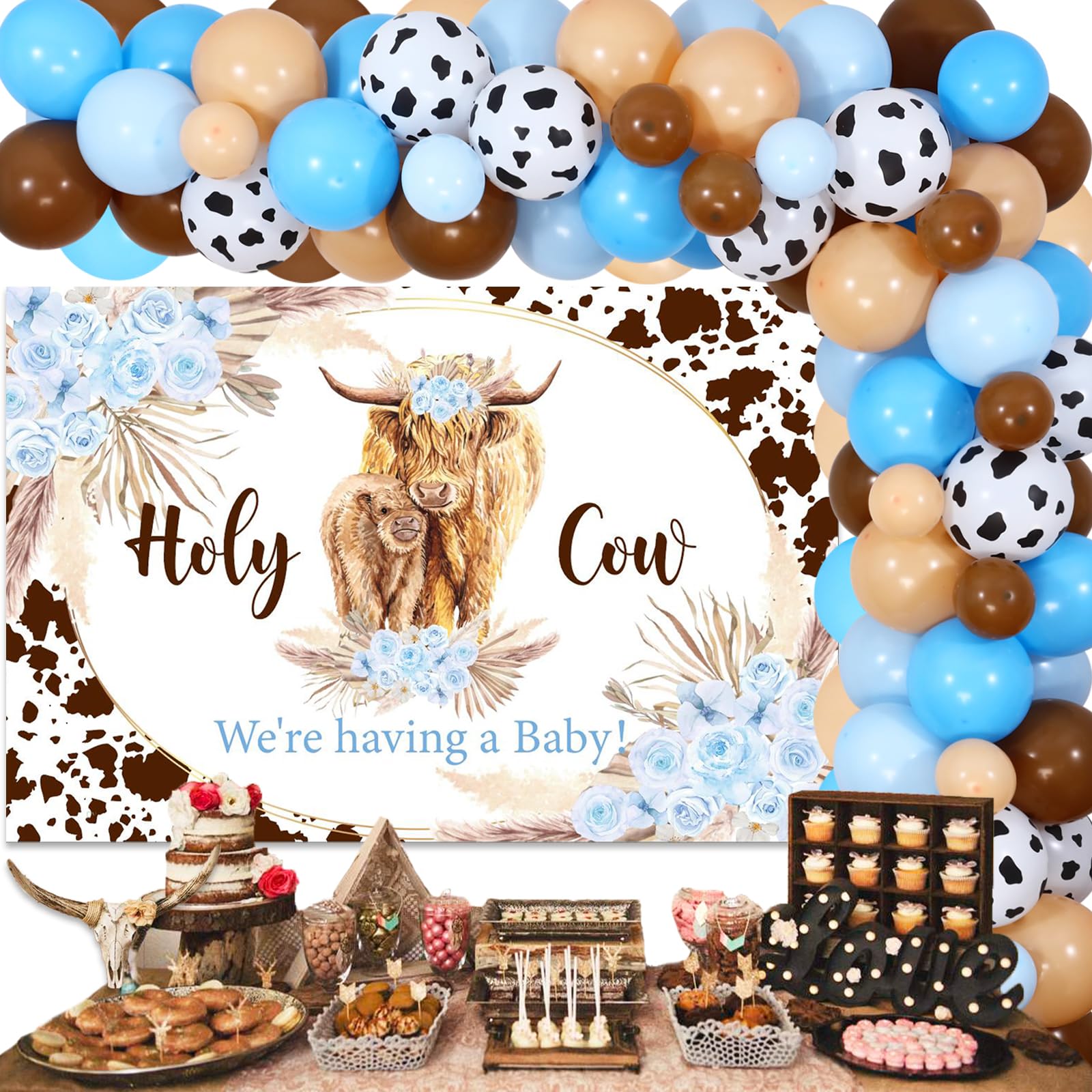 JOYMEMO Highland Cow Baby Shower Decorations for Boy - Blue Cow Balloon Garland Arch Kit with Holy Cow We are Having a Baby Backdrop, Boho Floral Highland Cattle Baby Shower Party Supplies