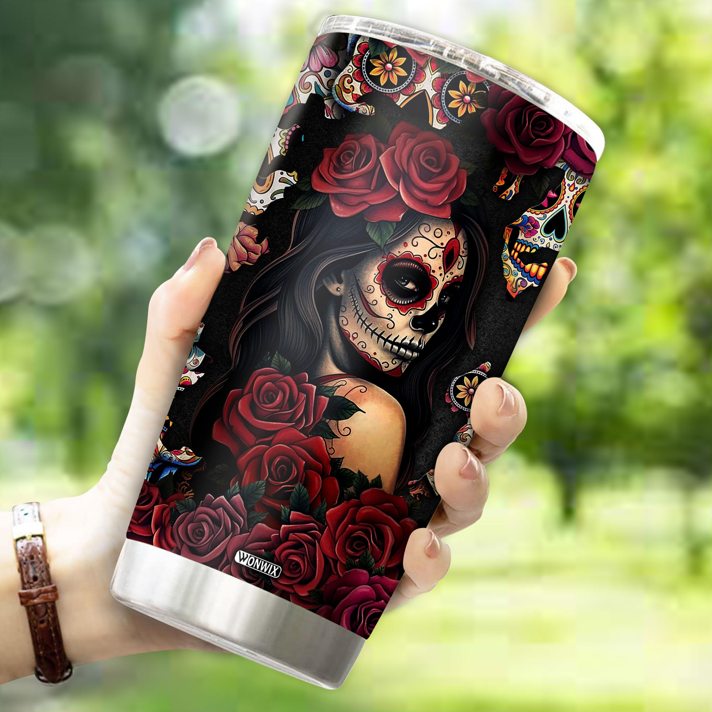 WONWIX Sugar Skull Gifts for Women Insulated 20oz Stainless Steel Coffee Cup Travel Mug Water Bottle Tumbler With Lid Thermos Tattoo Girls Wife Daughter Mom