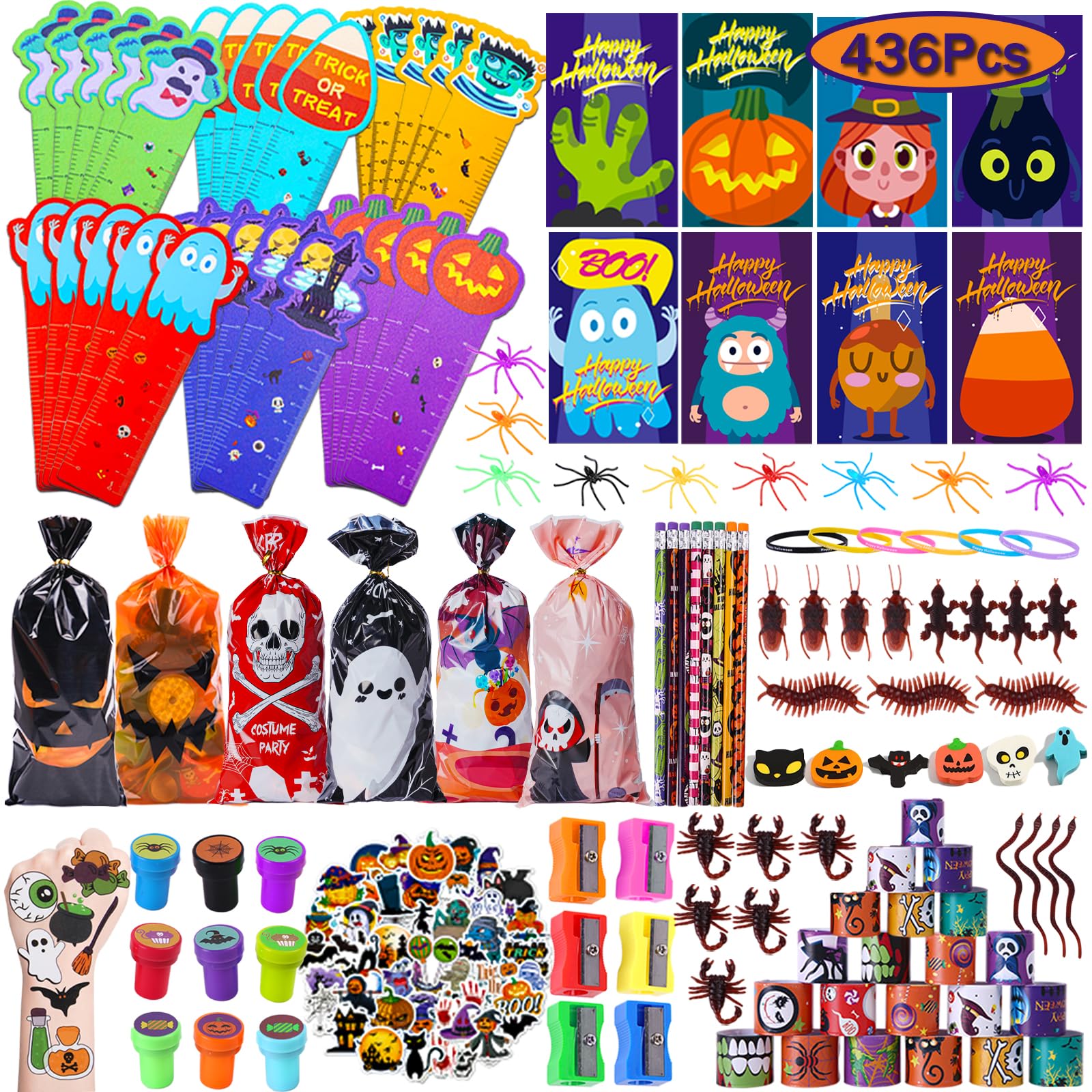 436 Pcs 24 Pack Assorted Halloween Stationery Set, Halloween Party Favors for Kids, Halloween Classroom Prizes Supplies Goodie Bag Stuffers Fillers, Including Halloween Themed Assorted Stationery