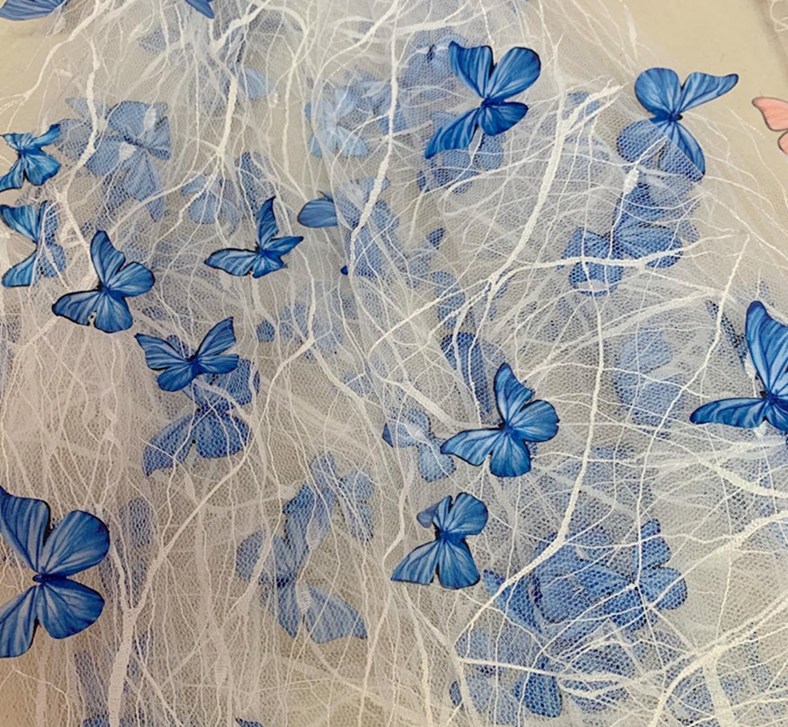 2Yards White mesh Blue Fantasy Butterfly Embroidery Lace White Mesh Fabric DIY Beautiful Creative Skirt Dress Decoration Fabric(White)