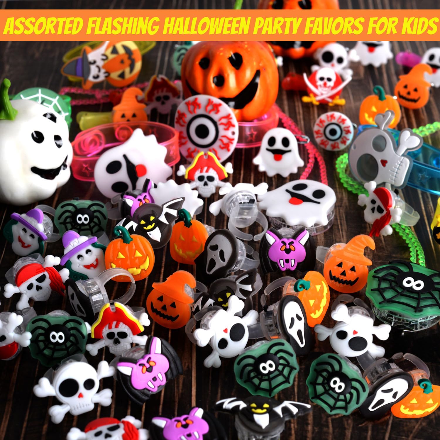 WUYEE 80PCS Halloween Party Favors for Kids, Glow in The Dark Halloween Toys Light Up Rings, Halloween Goodie Bag Fillers for Non Candy Halloween Treats Party Supplies Trick or Treat