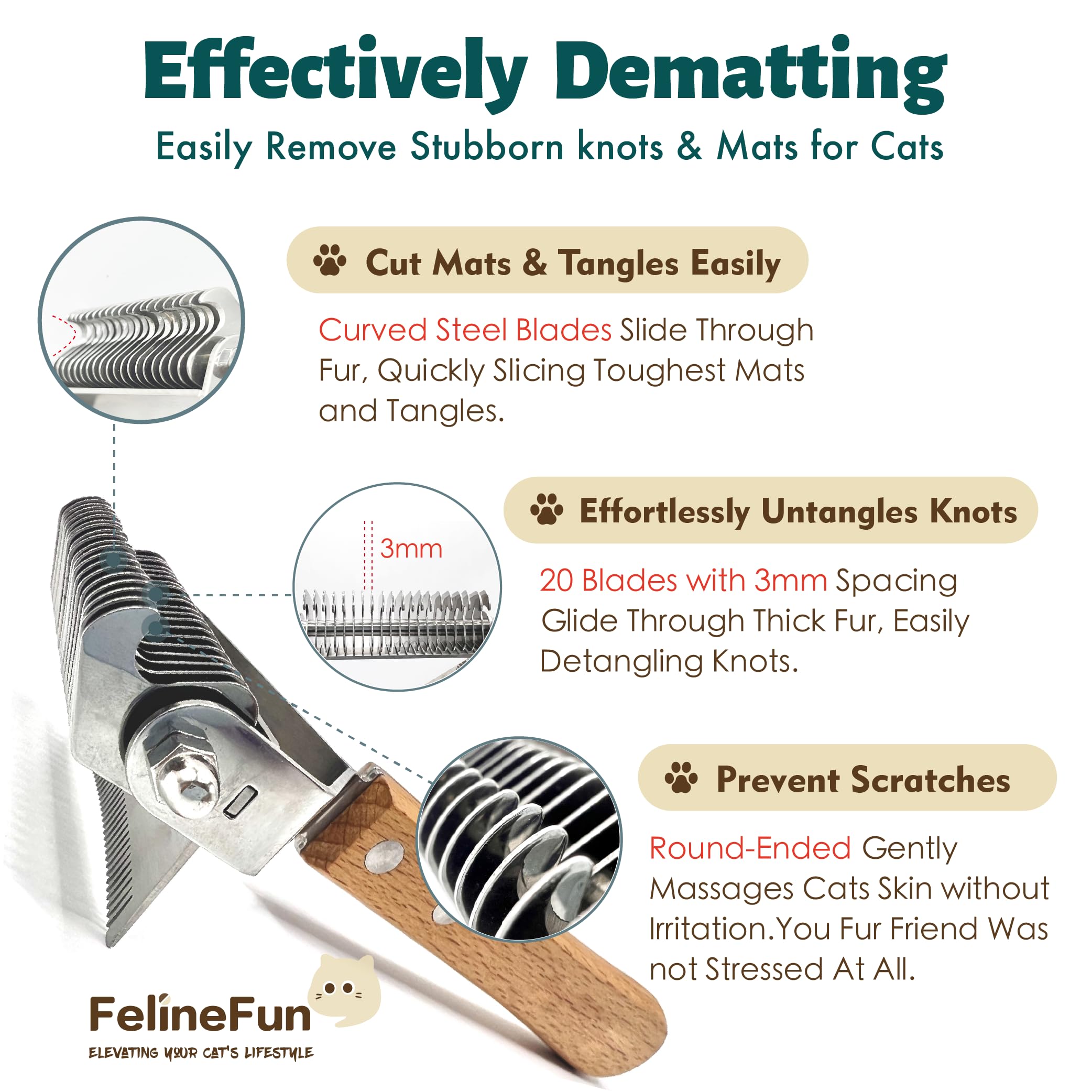 FelineFun Cat Brush for Dematting & Deshedding, 2 in 1 Undercoat Rake, Efficiently Remove Loose Hair & Matted Fur, Professional Shedding Comb for Indoor Cats & Long Haired Cats