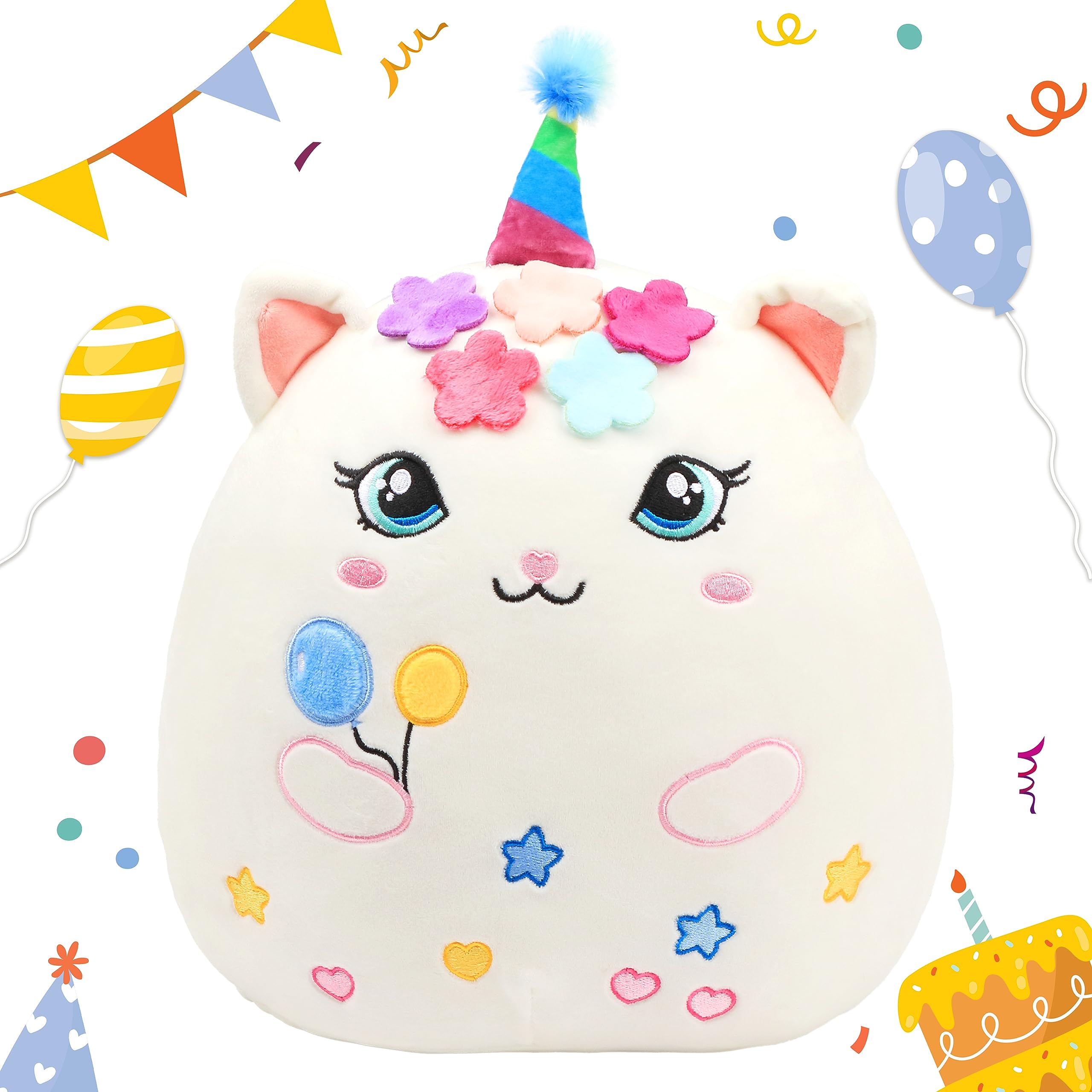 Easfan 12'' Birthday Princess Kitty Plush Pillow Soft Kitty Plush Toy Cute Cat Stuffed Animal Home Room Decoration Birthday Gifts for Kids Toddlers, White